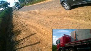 A estrada de acesso à localidade está danificada, segundo moradores por causa do excesso de peso das carretas. No detalhe veículo transportando pedras. Foto: Sirléia Rocha