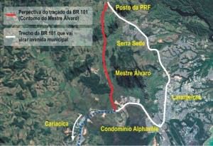 O Contorno do Mestre Álvaro vai tirar parte do tráfego pesado de veículos da zona urbana da Serra. Imagem: Google Earth / Arte: Joatan Alves