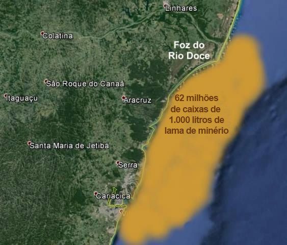 Imagem mostra dispersão da lama da Samarco / Vale / BHP Billiton no litoral do ES. Imagem: Reprodução Facebook / Paulo Randow