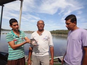 Os pescadores Wanderson, Luiz e Jovani mostram ferida em tilápia viva retirada dos tanques-rede. Foto: Clarice Poltronieri