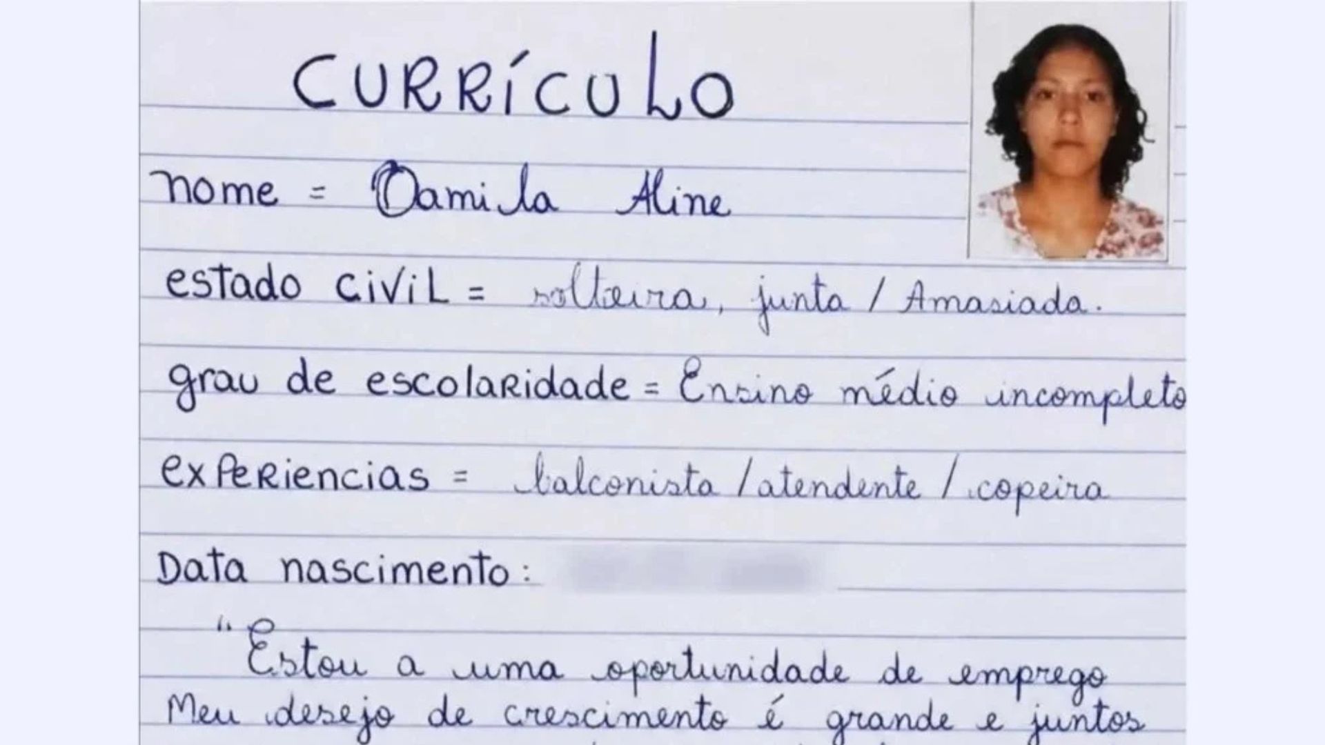 Jovem currículo escrito a mão emprego