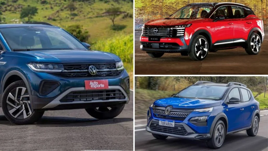 Montagem com Volkswagen T-Cross, Nissan Kicks e Renault Kardian, modelos que tiveram queda de preço no Brasil