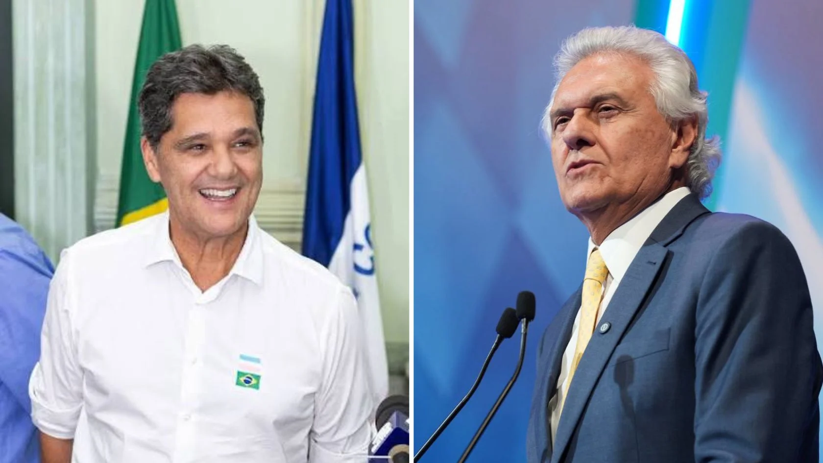Montagem com o governador do Espírito Santo, Ricardo Ferraço (MDB), de um lado, e o presidenciável do PSD, Ronaldo Caiado, de outro, em referência à negociação do PSD nas eleições de 2026 no ES.