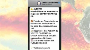 Celular exibindo alerta da Defesa Civil do Espírito Santo sobre risco de vendaval e chuva na Grande Vitória durante o El Niño.