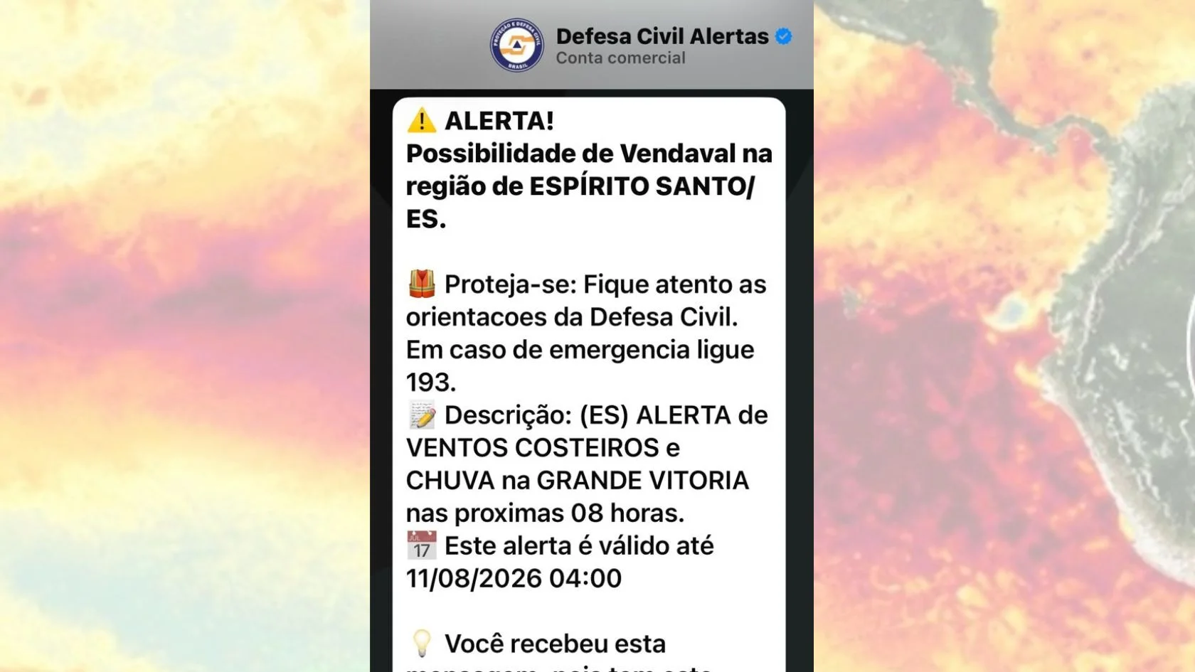 Celular exibindo alerta da Defesa Civil do Espírito Santo sobre risco de vendaval e chuva na Grande Vitória durante o El Niño.