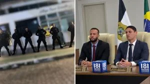 À esquerda, foto extraída da investigação mostra integrantes da equipe de rondas posando uniformizados; à direita, delegados da Polícia Civil durante coletiva sobre a Operação Invisíveis, na Chefatura, em Vitória