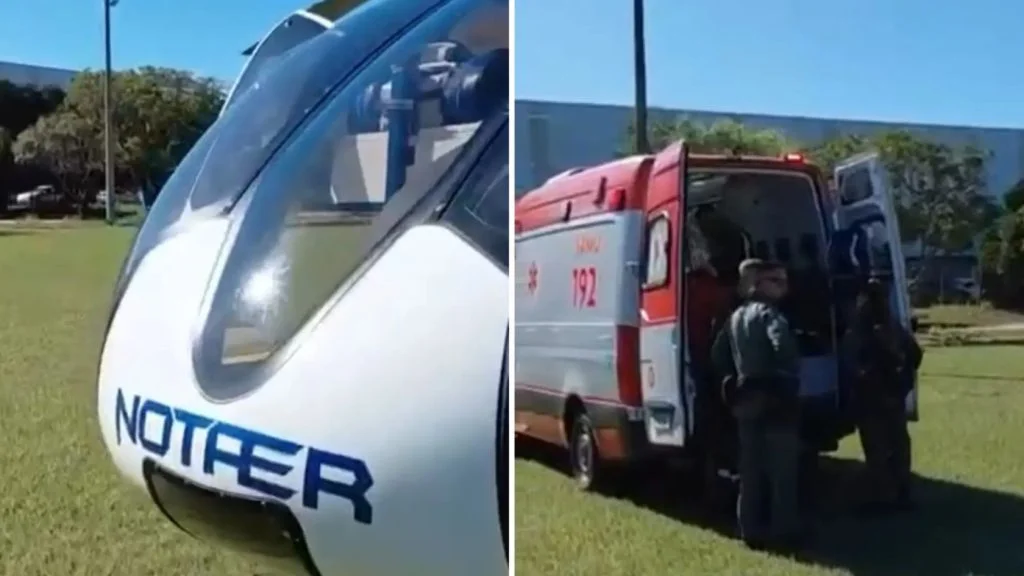 Helicóptero do Notaer e ambulância do Samu durante remoção para hospital de queimados na Serra