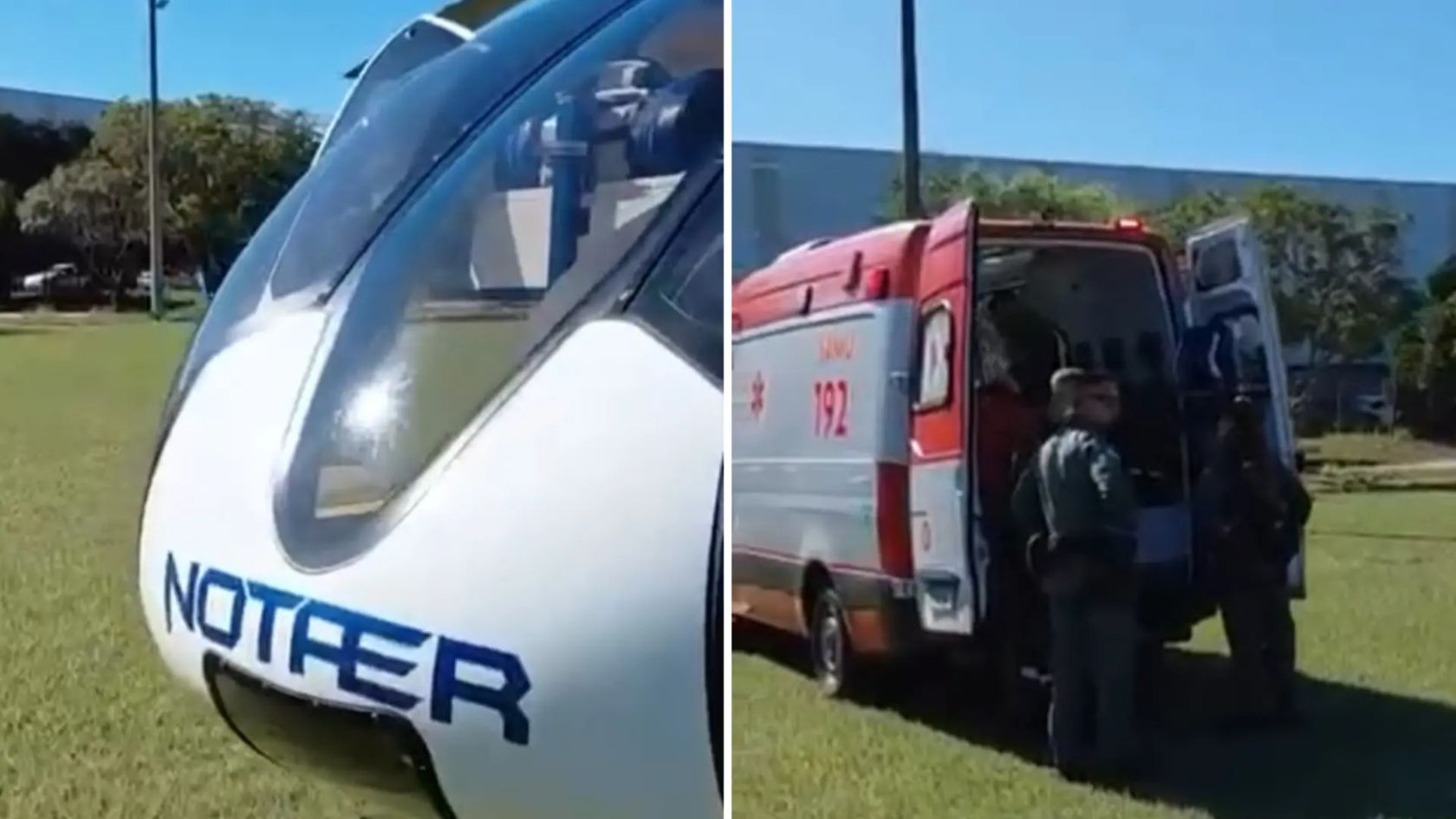 Helicóptero do Notaer e ambulância do Samu durante remoção para hospital de queimados na Serra