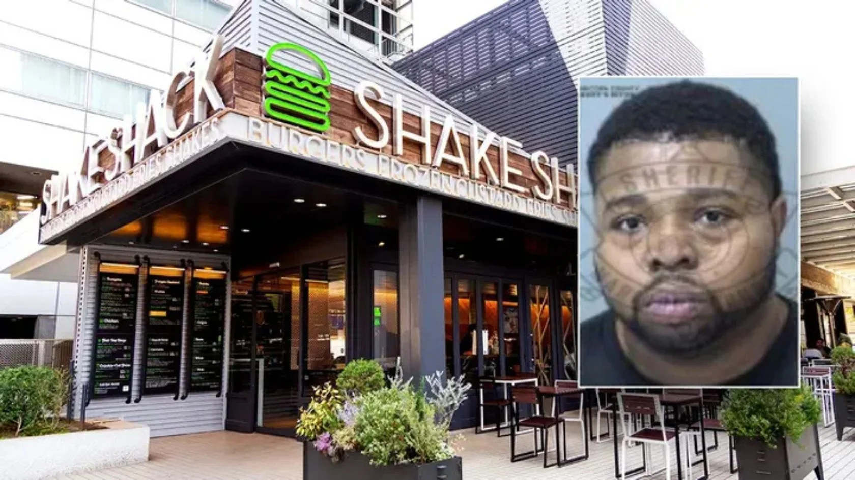 Fachada do Shake Shack e foto policial do funcionário acusado de assaltar a própria loja nos EUA (
