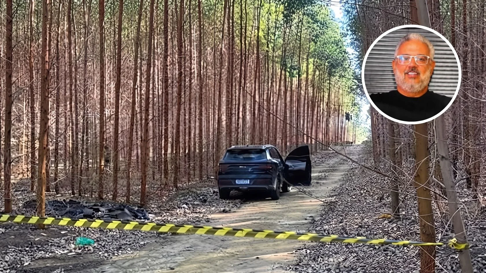 Carro do contador desaparecido na Serra em área de eucalipto isolada com fita policial