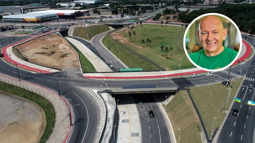 Luciano Hang, dono da Havan, em montagem com a região de Laranjeiras, na Serra, ao fundo