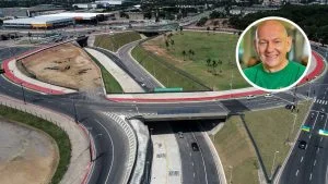 Luciano Hang, dono da Havan, em montagem com a região de Laranjeiras, na Serra, ao fundo