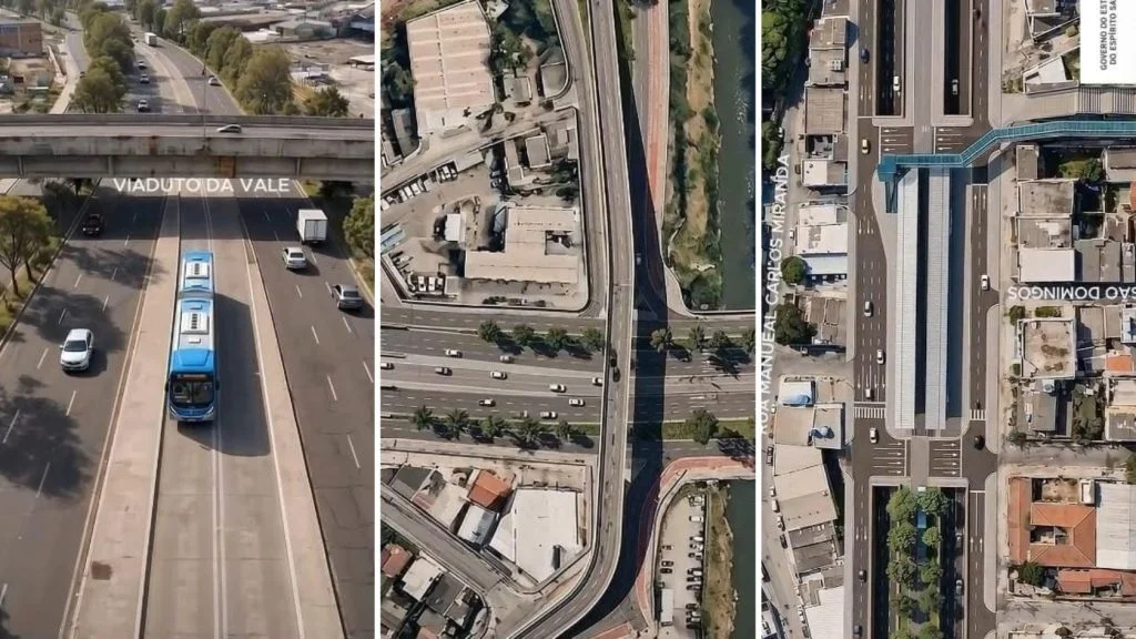 Projeção do Corredor Metropolitano Norte na Avenida Mestre Álvaro, na Serra, com BRT, viaduto e estação
