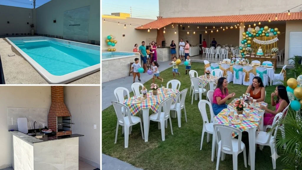 Festa de aniversário no espaço de eventos em Capuba, na Serra, com piscina e área de churrasqueira