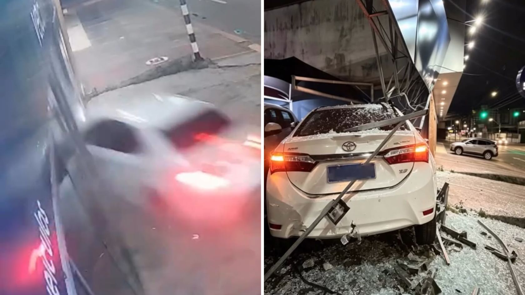 Montagem mostra carro que invade revenda na Serra e Corolla branco cercado por vidros e estrutura da fachada destruída