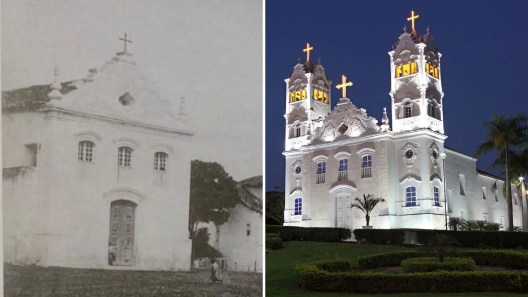 Igreja de Nossa Senhora da Conceição iluminada à noite, alvo de restauração na Serra