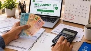 Mãos com dinheiro em espécie diante de calendário e tela do Regularize para renegociar dívida do MEI