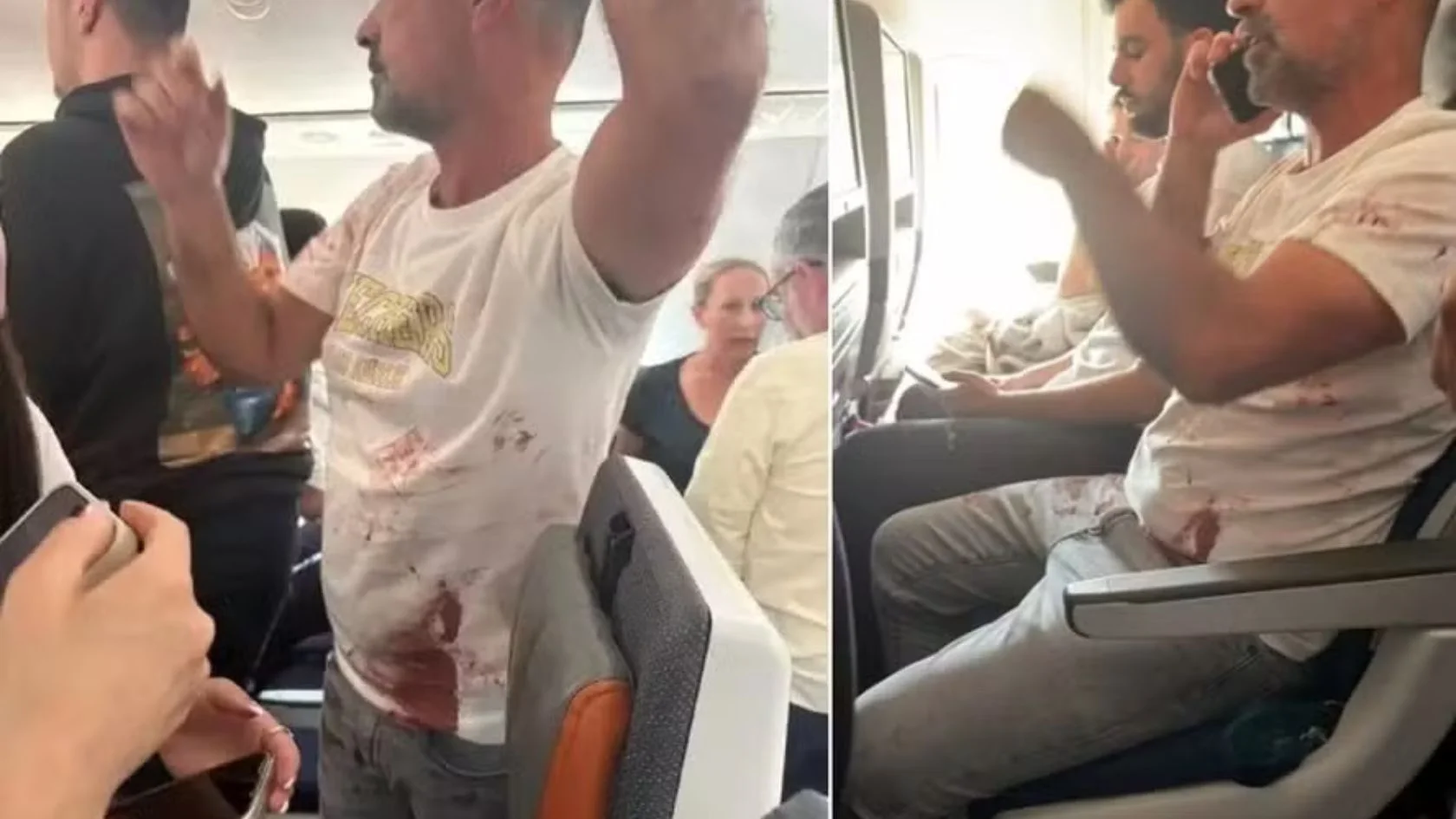 Passageiro com a camisa manchada de sangue dentro de avião após piloto esfaqueado em voo de Dubai para Israel
