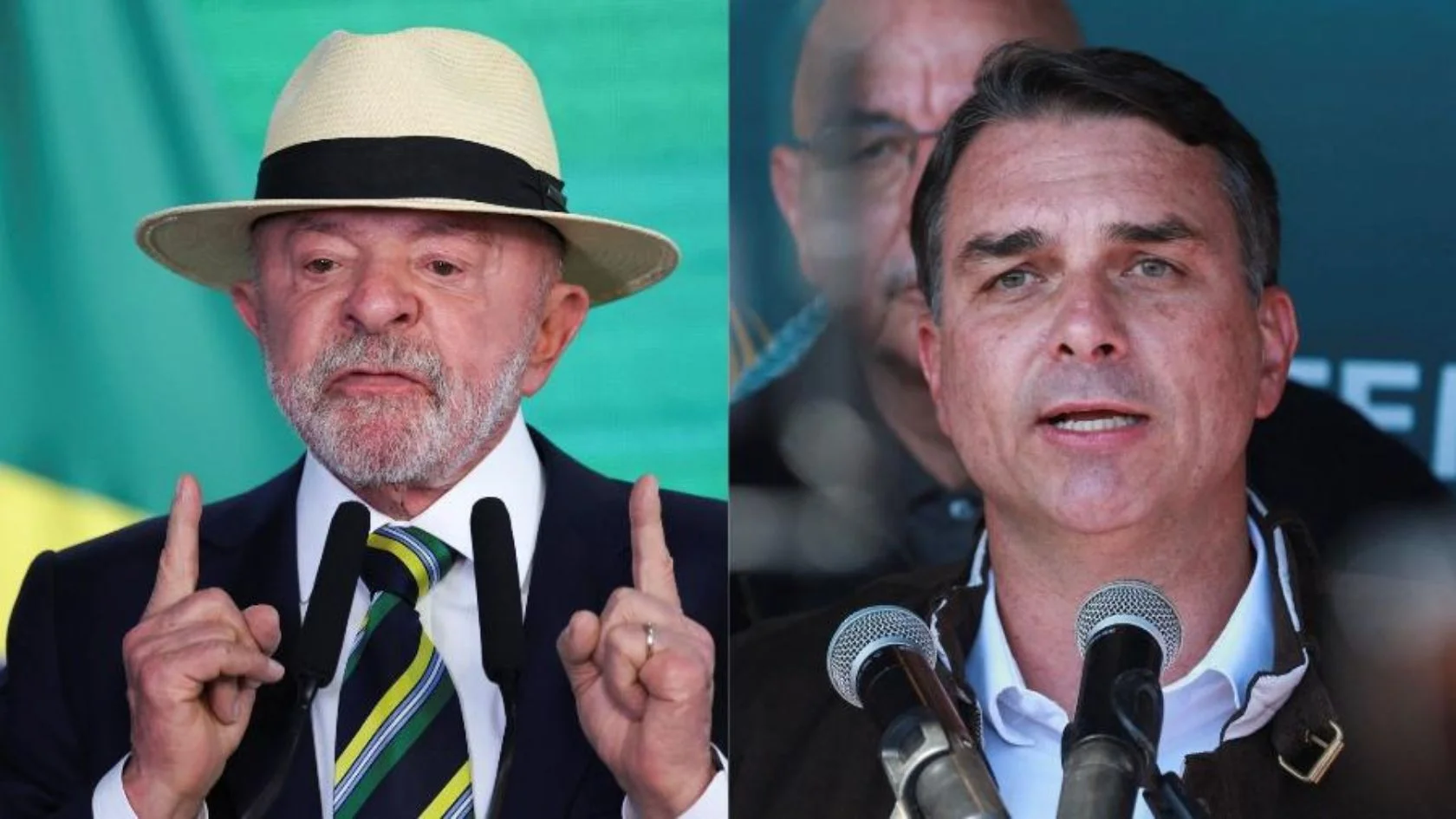 Montagem com Lula e Flávio Bolsonaro, lado a lado, na pesquisa Lula segundo turno