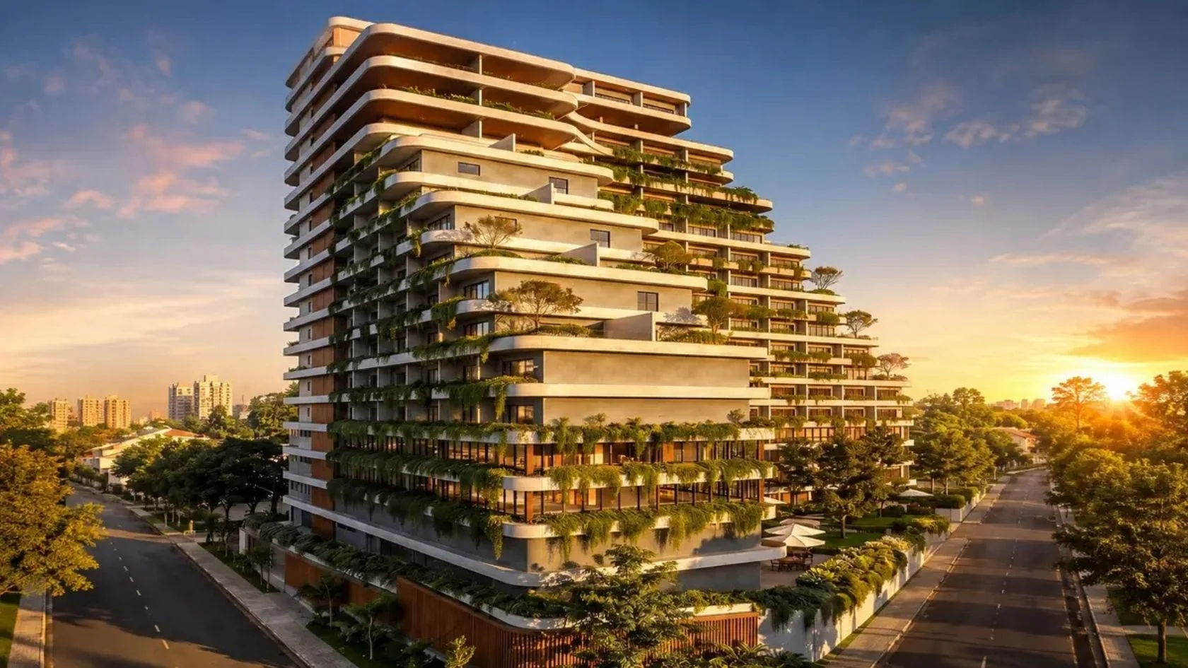 Imagem ilustrativa da torre com jardins suspensos do Villa Borghese Cidade Jardim, empreendimento na Serra