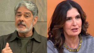 Montagem com William Bonner e Fátima Bernardes falando em entrevistas, em fotos lado a lado