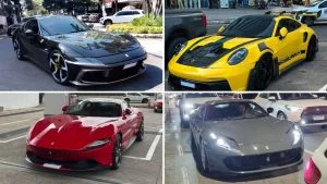 Galeria com 4 superesportivos flagrados na Grande Vitória: Ferrari 812 GTS cinza, Porsche 911 amarelo com kit GT3 RS, Ferrari Roma vermelha e Ferrari 12Cilindri Spider cinza