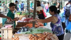 Feirante atende cliente em barraca de verduras em feira livre na Serra