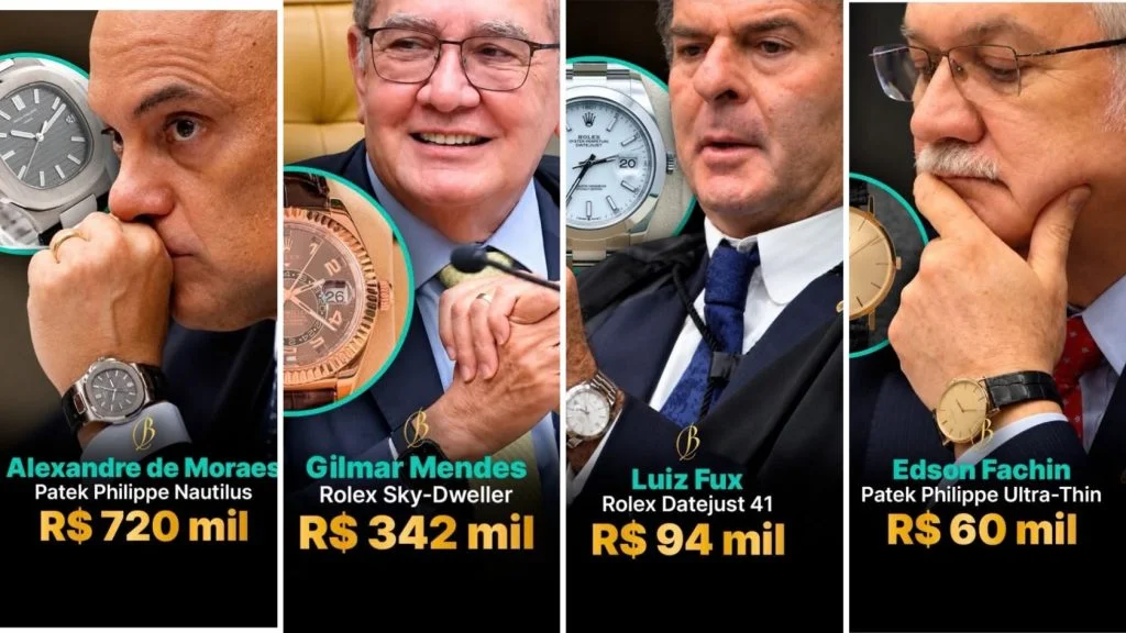 Montagem com relógios dos ministros do STF: Moraes, Gilmar Mendes, Fux e Fachin e seus valores estimados