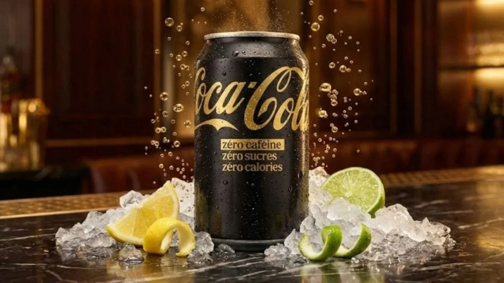 Lata preta e dourada da Coca-Cola sem cafeína sobre gelo, com limão e limão-siciliano em bar