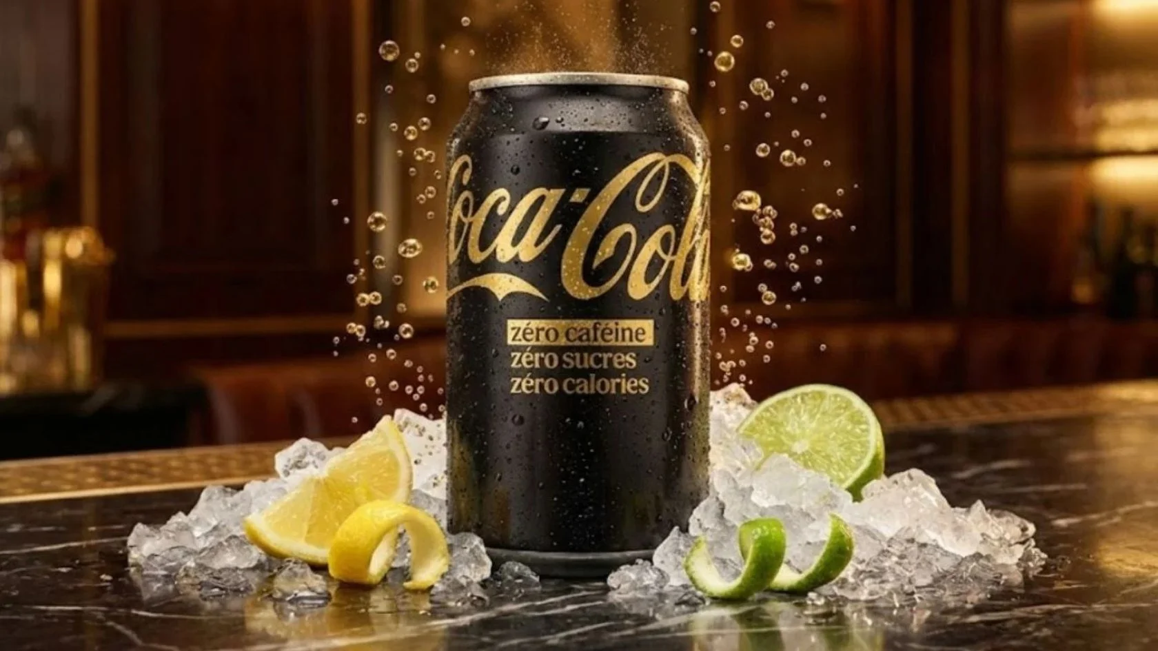 Lata preta e dourada da Coca-Cola sem cafeína sobre gelo, com limão e limão-siciliano em bar