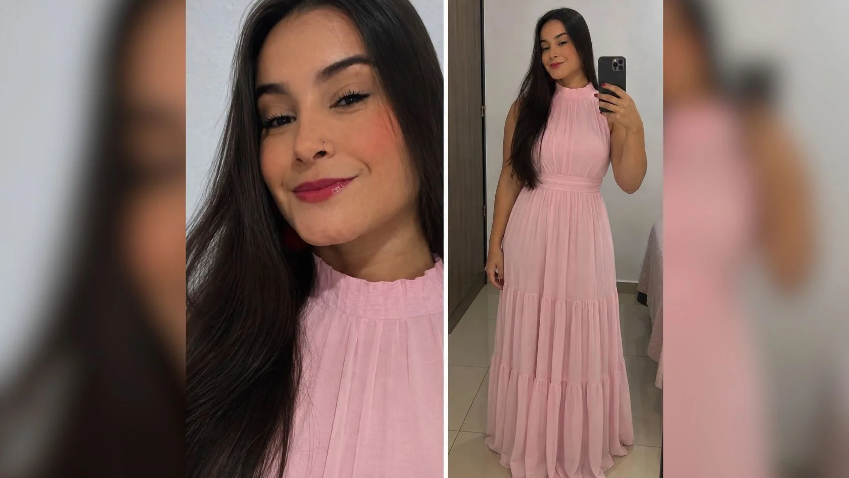 Sabrina Gomes Monteiro, jovem que morreu de meningite na Serra, sorri em duas fotos usando vestido longo rosa