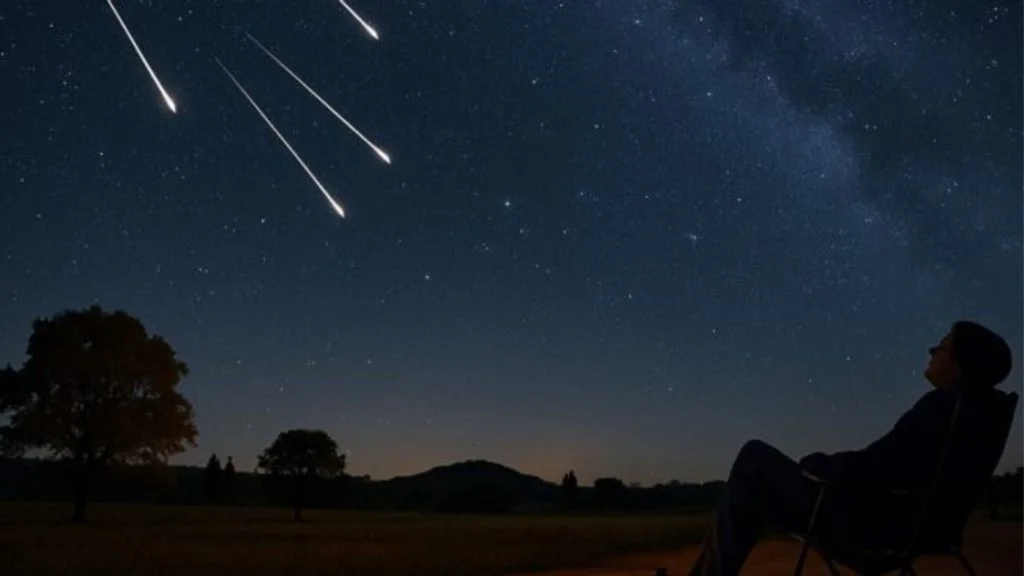 Pessoa em cadeira reclinável observa meteoros riscando o céu estrelado, ilustrando a chuva de meteoros em outubro