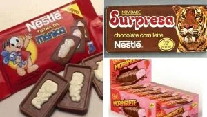 Produtos da infância que voltaram: embalagens antigas dos chocolates Turma da Mônica e Surpresa e caixa do Moranguete