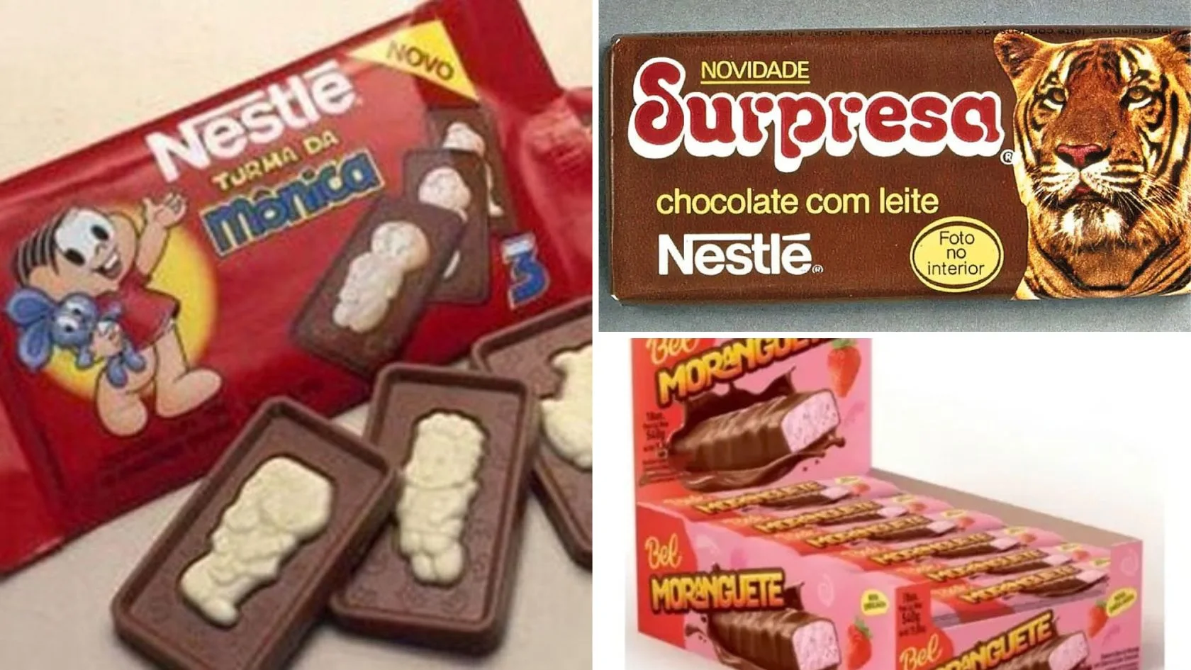Produtos da infância que voltaram: embalagens antigas dos chocolates Turma da Mônica e Surpresa e caixa do Moranguete