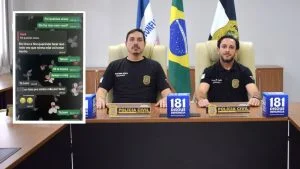 Delegados da Polícia Civil em coletiva sobre abuso sexual na Serra, ao lado de print das mensagens da vítima