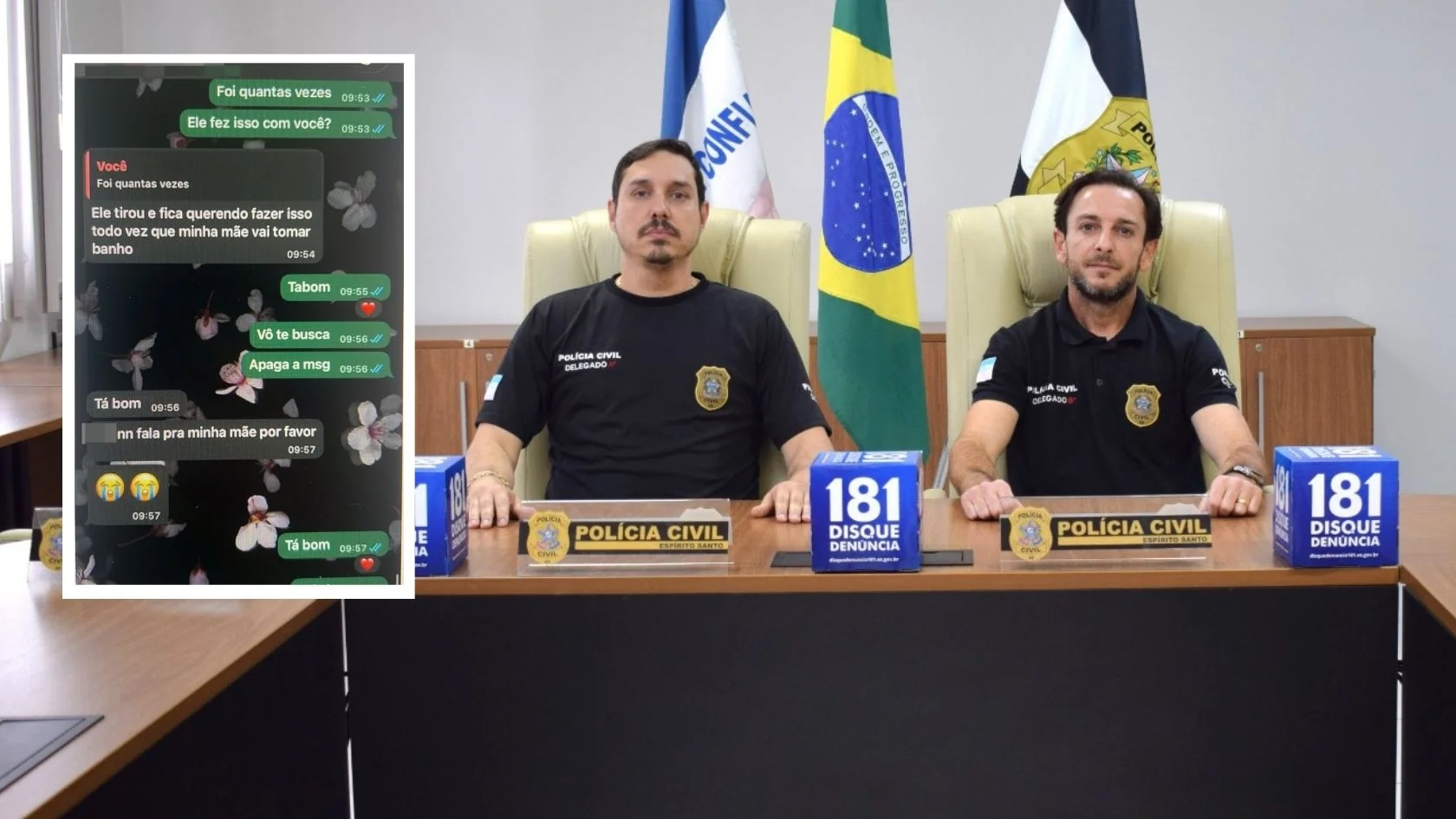Delegados da Polícia Civil em coletiva sobre abuso sexual na Serra, ao lado de print das mensagens da vítima