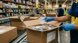 Funcionário separa remédios em caixa de entrega do Mercado Livre com receita