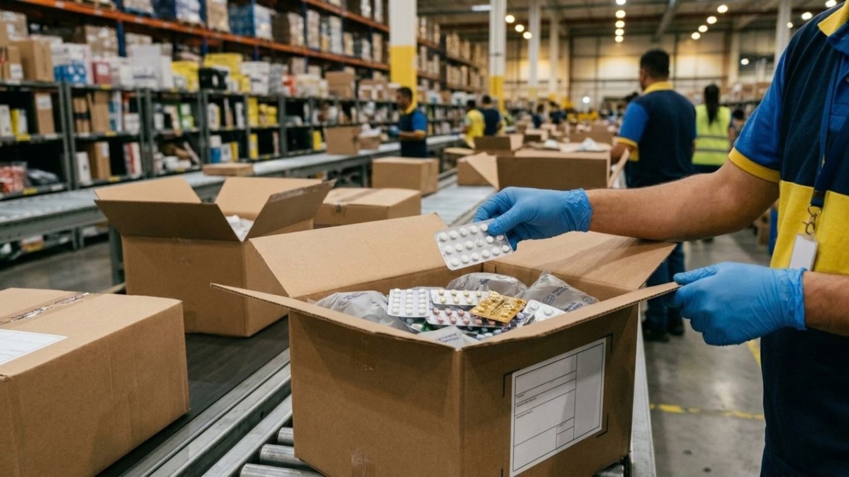 Funcionário separa remédios em caixa de entrega do Mercado Livre com receita