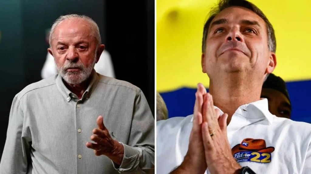 Montagem com Lula, de camisa cinza, e Flávio Bolsonaro, de mãos unidas e camisa do PL 22; votação na Serra