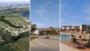 Perspectivas do Viva Juara, condomínio fechado na Serra: vista aérea perto da lagoa, portaria e piscina do clube
