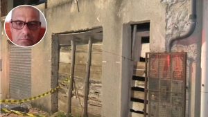 Nerzi Dias Ferreira, que morreu ao cair de obra na Serra, e fachada do imóvel isolada por fita em Jacaraípe