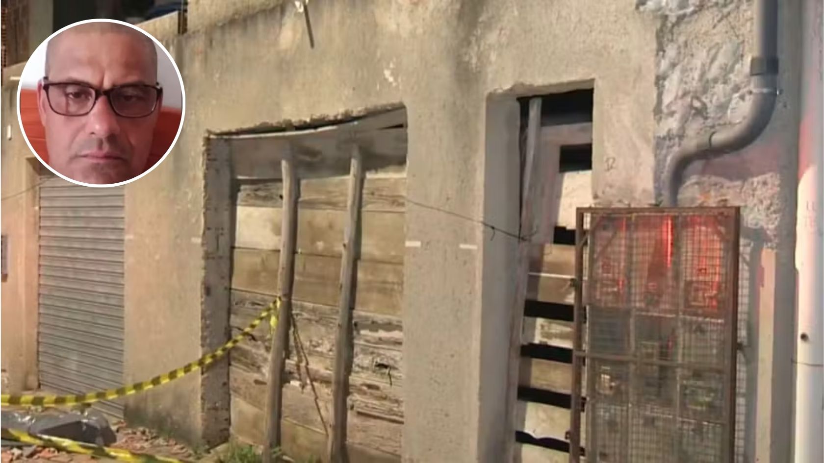 Nerzi Dias Ferreira, que morreu ao cair de obra na Serra, e fachada do imóvel isolada por fita em Jacaraípe