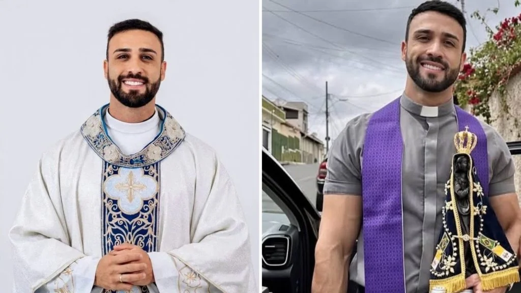 Padre galã de Varginha, João Paulo, de casula branca e, ao lado, de clergyman e estola roxa segurando imagem de Aparecida