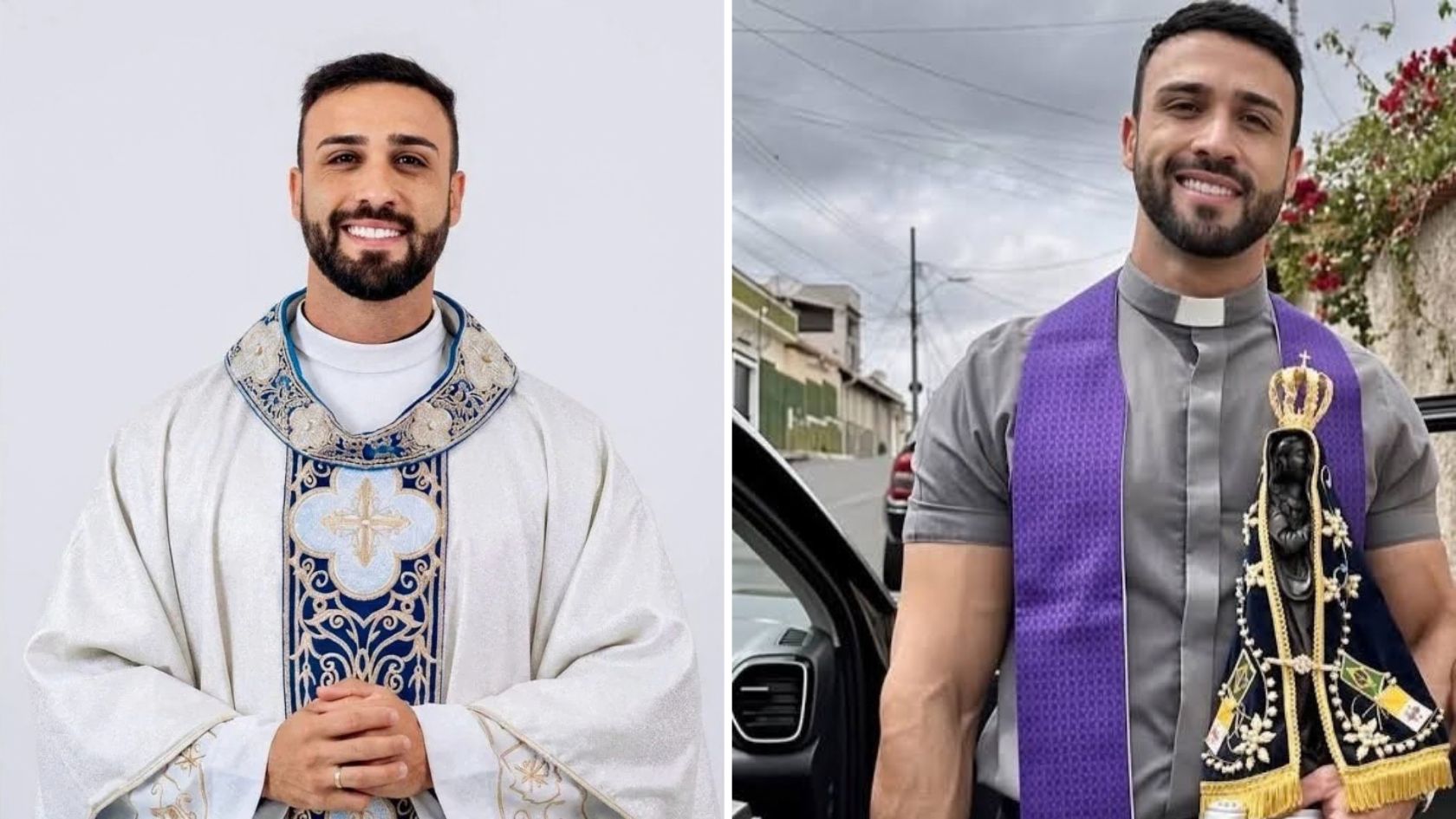 Padre galã de Varginha, João Paulo, de casula branca e, ao lado, de clergyman e estola roxa segurando imagem de Aparecida