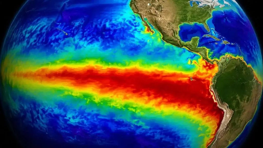 Imagem de satélite mostra faixa de águas quentes no Pacífico, marca do El Niño que preocupa o Espírito Santo