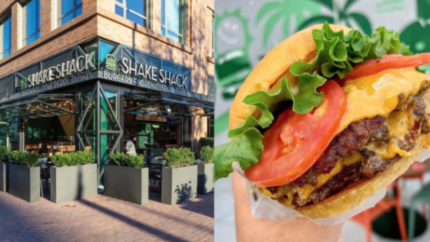 Fachada de loja do Shake Shack e mão segurando hambúrguer com queijo, alface e tomate; rede chega ao Brasil