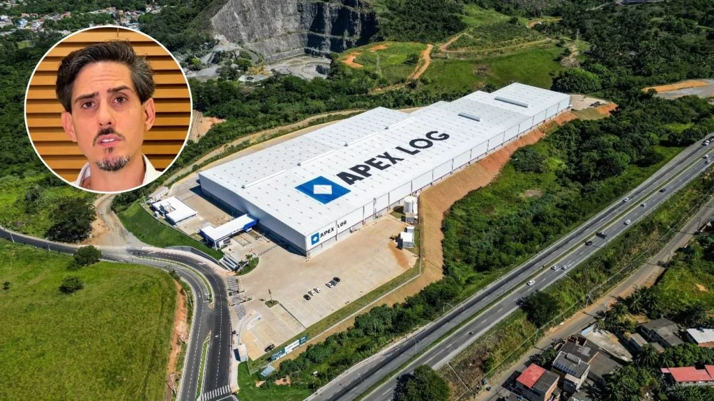 Vista aérea do galpão Apex Log, em Pitanga, na Serra, e Fernando Cinelli em destaque; recuperação judicial da Apex
