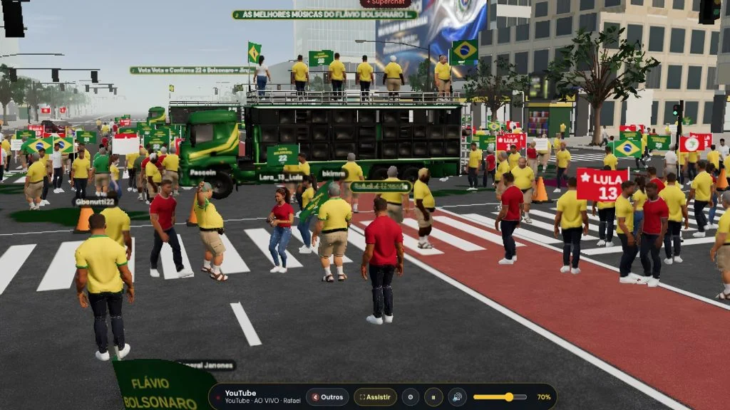 Tela do jogo Paulista Livre com avatares de amarelo e vermelho, carro de som e cartazes de Lula e Flávio na Paulista virtual