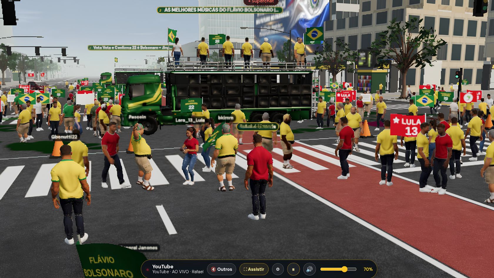 Tela do jogo Paulista Livre com avatares de amarelo e vermelho, carro de som e cartazes de Lula e Flávio na Paulista virtual