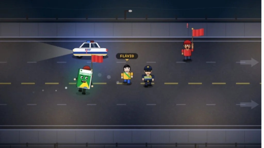 Tela do jogo Cadê Flávio mostra personagem de Flávio Bolsonaro cercado por policial, viatura da PRF e manifestantes